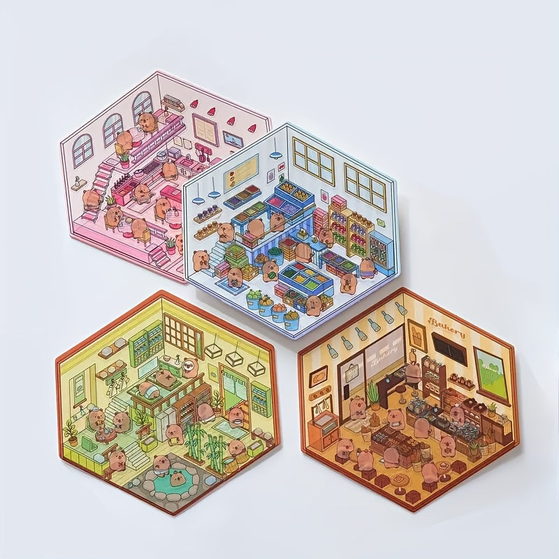 4pcs Set of Dolphin Diary Series Scenery Stickers, PET Three-Dimensional Scenery Stickers, Capybara Scene Stickers, Miniature Scene Stickers, DIY Superimposed 3D Cabin Stickers, 3D Three-Dimensional Stickers, DIY Decompressio