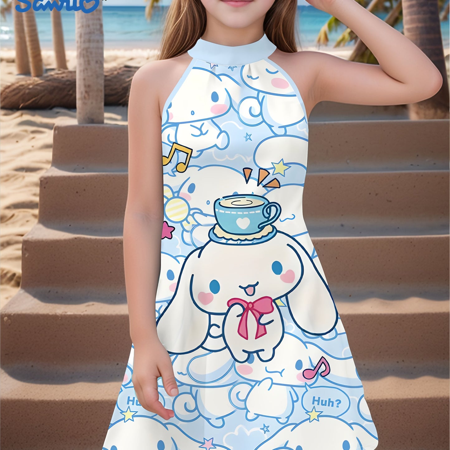 Sanrio Girls' Cute 3D Print Halter Dress - Hello Kitty, Kuromi & My Melody Cartoon Design, White with Blue Background, Sleeveless Summer Dress, Machine Washable, Perfect for Youngsters, Beach Playwear | Cartoon Print Dress |