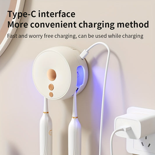 UV Sanitizing Toothbrush Holder, Wall-Mounted, 400mAh Battery, Dual-Slot, USB Charging, Compact & Portable for Travel and Home Use, ABS Material, USB Connectivity