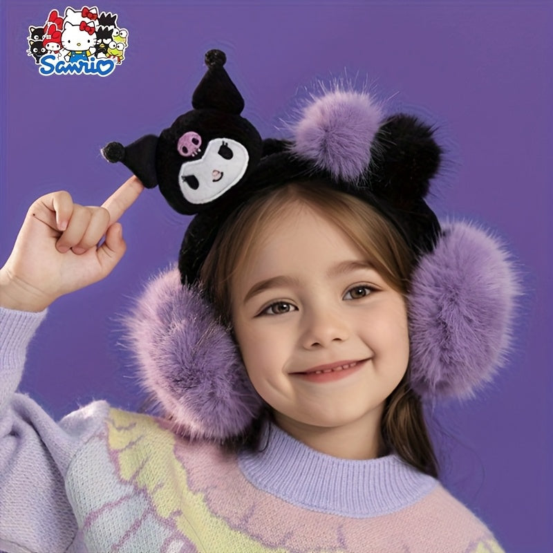 Sanrio Women's Plush Earmuffs - Soft Winter Ear Warmers with Kuromi, Yugui Dog, Vanilla Roll Designs - Pastel Purple/Black/, Lightweight Portable Folding for Commuting, Travel, Everyday - Sanrio Collectible Gift, Outdoor Wear