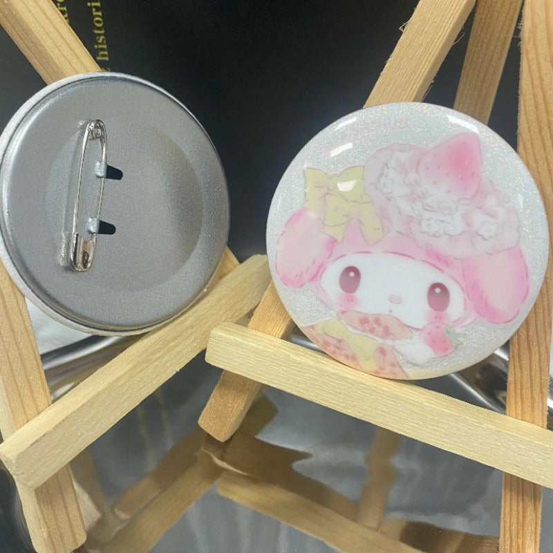 1 Sanrio badge, cute shiny pink Hello Kitty badge, charm melody badge decoration, practical clothes and schoolbag decoration, perfect birthday and holiday gifts