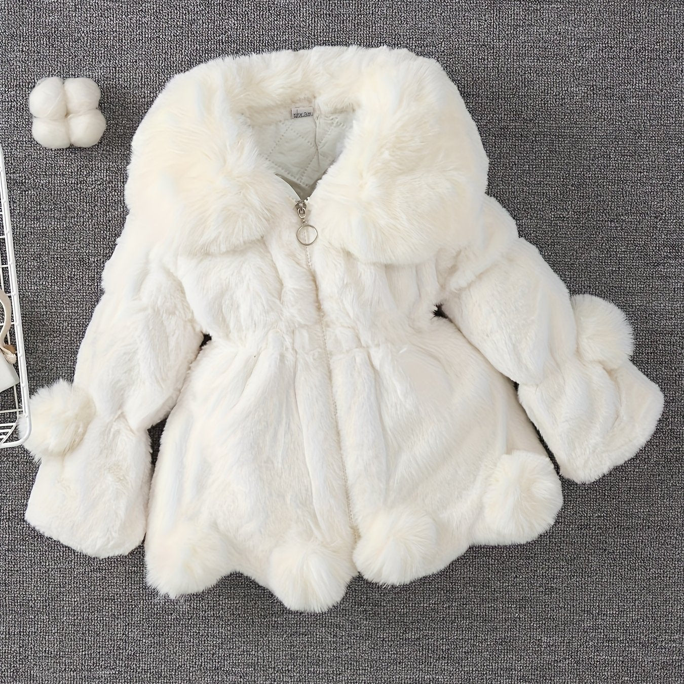 Girls' Winter Coat with Plush Fur-Lined Hood - Thick Fleece-Lined Zipper Front, Flared Hem & Pom-Pom Details, Cute Solid Color Outerwear for Fall/Winter, Cozy Warm Jacket for Cold Weather, Cozy Winter Wear, Playful Design, So