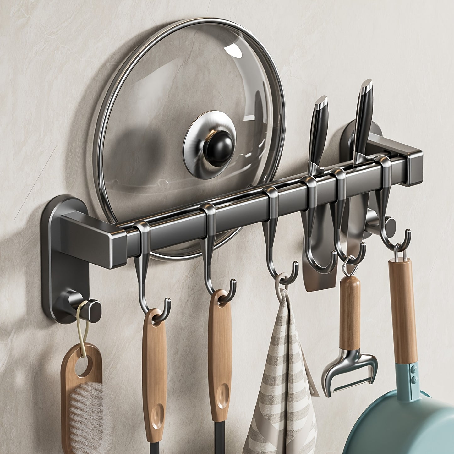 Plastic Kitchen Utensil Storage Rack with 6/8/10 Active Hooks - Wall-mounted Storage Rack for Tableware, Knives, and Pot Lids, with Drainage Hooks, Easy to Install, Suitable for Hanging Storage of Cooking Tools and Towel Rack