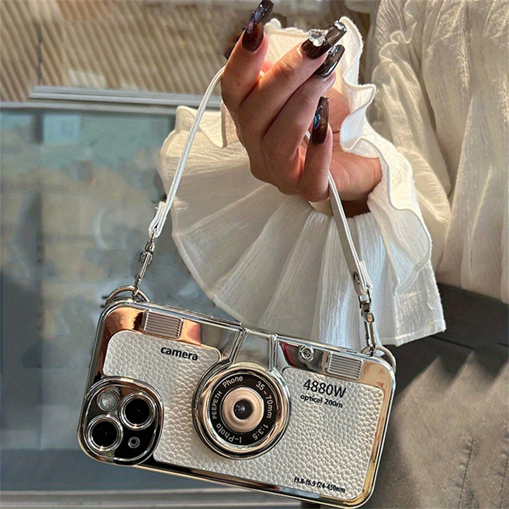 Vintage-Style 3D Camera TPU Case with Lanyard for iPhone 12/14 Pro Max, 11/13 – Chic Couple Gift Cover