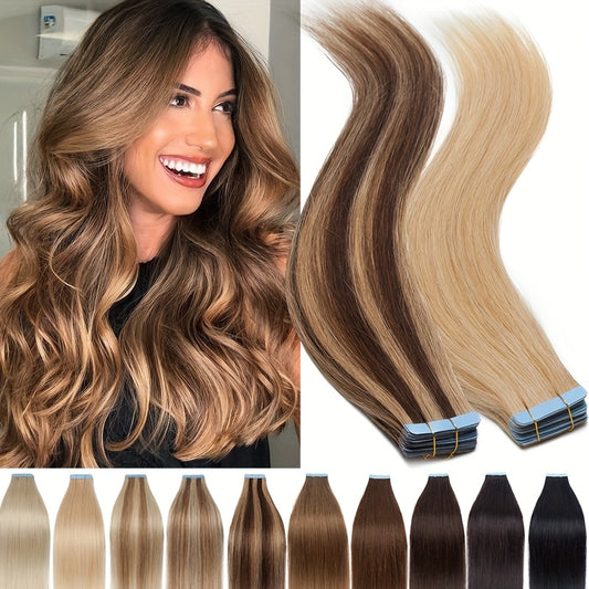 20pcs (50g Each) Brazilian Virgin Hair Extensions - 100% Remy Human Hair, Natural Brown/Blonde/Red/Black/, Straight Hair Extensions with Seamless Beige Weft, Long 35.56-60.96 cm Lengths for Women.
