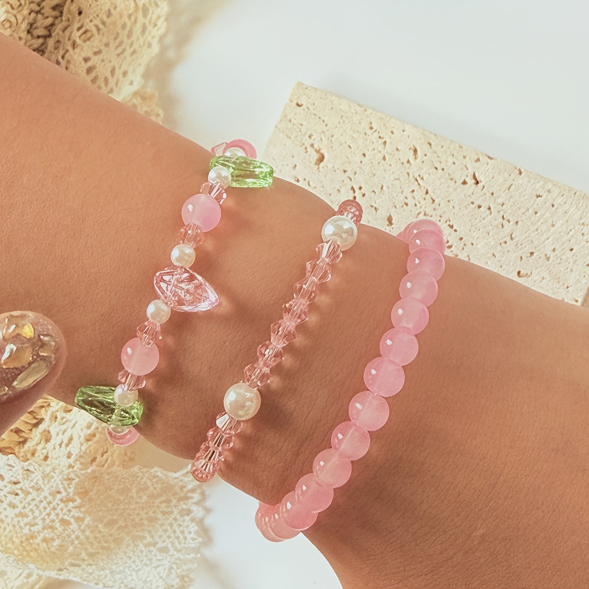 1 Set Bohemian Handcrafted Beaded Jewelry, Pink Floral & Leaf Design, Elegant Necklace and Bracelet Combo for Women, Perfect for Daily Wear & Special Occasions, Ideal Valentine's Day Gift