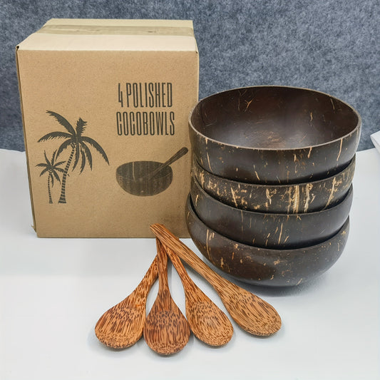 4 Natural Coconut Shell Bowls with 4 Coconut Wood Spoons – High-Quality, Washable Wooden Bowls for Yogurt, Salad, Ice Cream, and More – Deep Brown, Perfect for Cooking & Dining, Kitchen Tableware|Coconut Shell Aesthetic|N