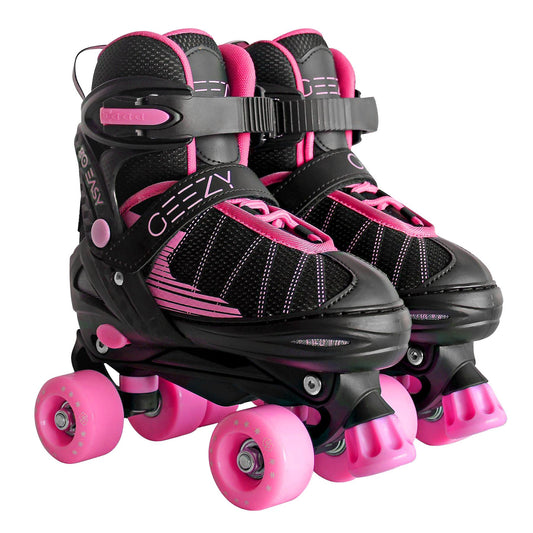 The Magic Toy Shop Kids 4 Wheel Quad Roller Skates Boots For Girls & Boys Adjustable Pink & Black (Adjustable Size: 5 - 7)