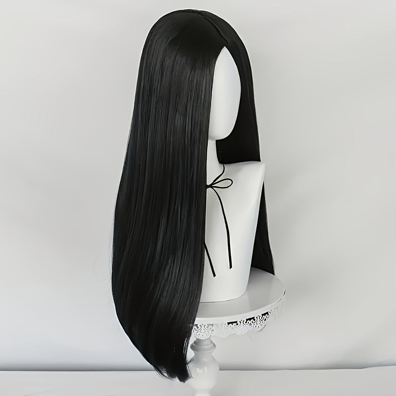 Anime Cosplay Wig 60cm, Unisex Black Long Straight Hair with Middle Part, Heat Resistant Synthetic Wig with Buckle Net Cap for Halloween, Christmas, Conventions and Parties
