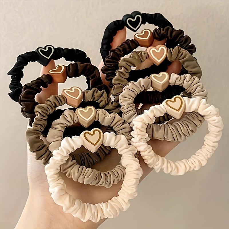 10pcs Cute Coffee Color Love Pendent Hair Rope | Elastic Rubber Hair Bands Hair Ties Bowknot Hair Accessories for Women