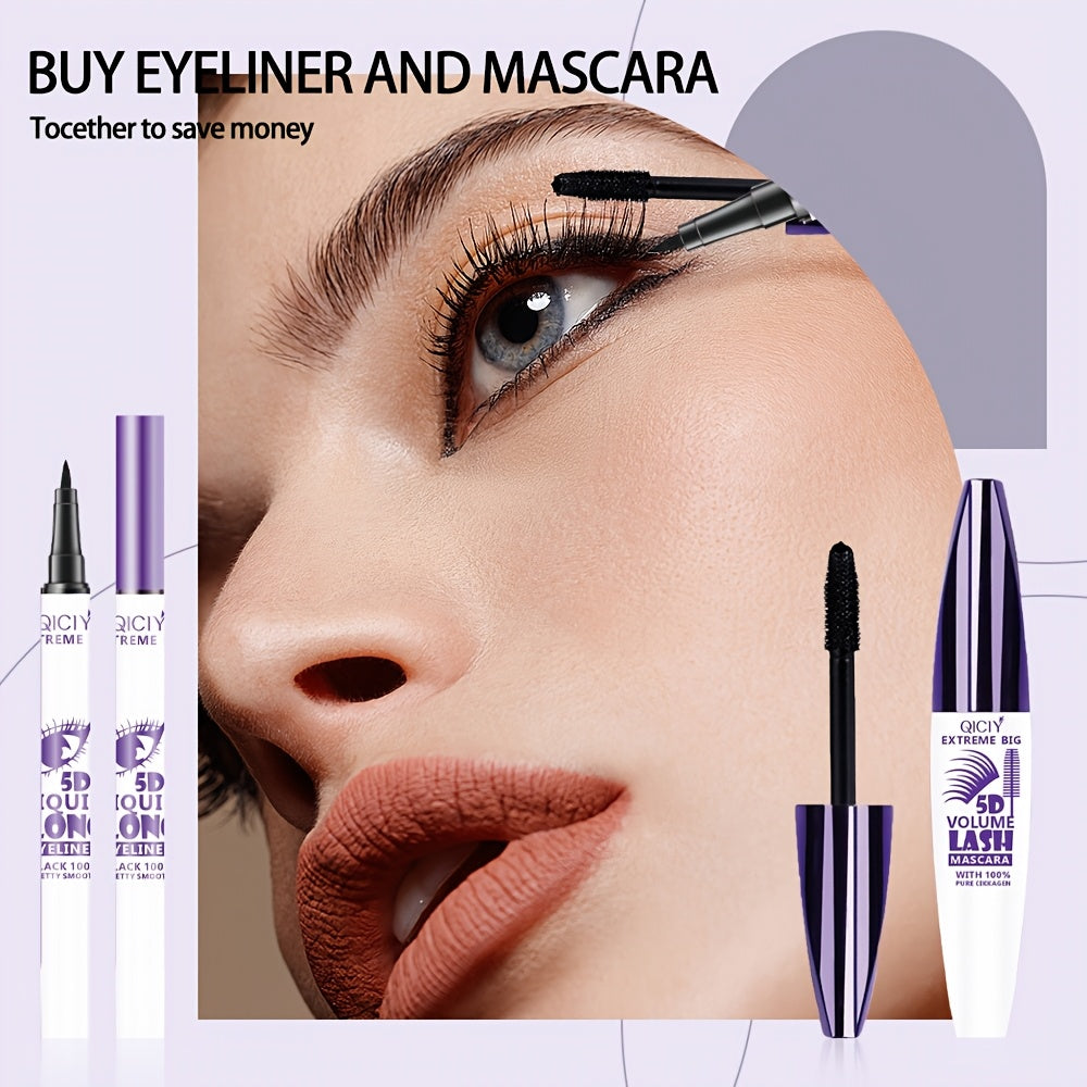5D EXTREME 2in1 Mascara + Eyeliner Set - Waterproof, Long-Lasting, Smudge-Proof, Volume & Length Enhancing, Black Liquid Eyeliner with 10ml Brush, 24-Hour Wear, 1pc/2pcs, Beauty Essentials|Bold Eye Makeup|Smudgeproof Lin
