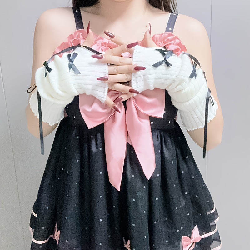 [Y2K Chic Gloves] Pink Bow Y2K Chic Fingerless Gloves - Sweet Style JK Fashion Accessories with Ruffles