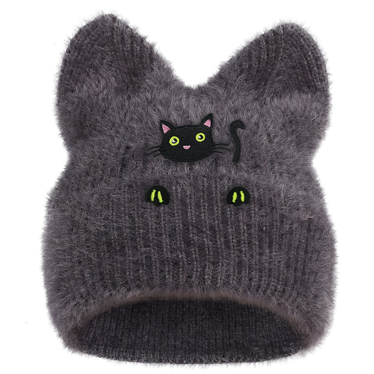 Black Cat Winter Knit Skull Cap with Cat Ears