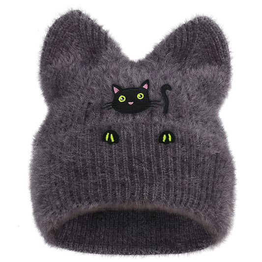Black Cat Winter Knit Skull Cap with Cat Ears
