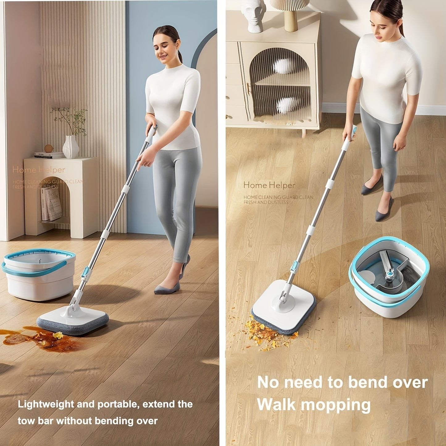 Microfiber Twist Mop and Bucket Set with 360-Degree Swivel Head, Square Spin Mop for Hardwood, Laminate Floors, and Pet Owners, Multiple Surfaces Wet & Dry Mop Kit, Living Room Kitchen Wall Floor Cleaning Tools