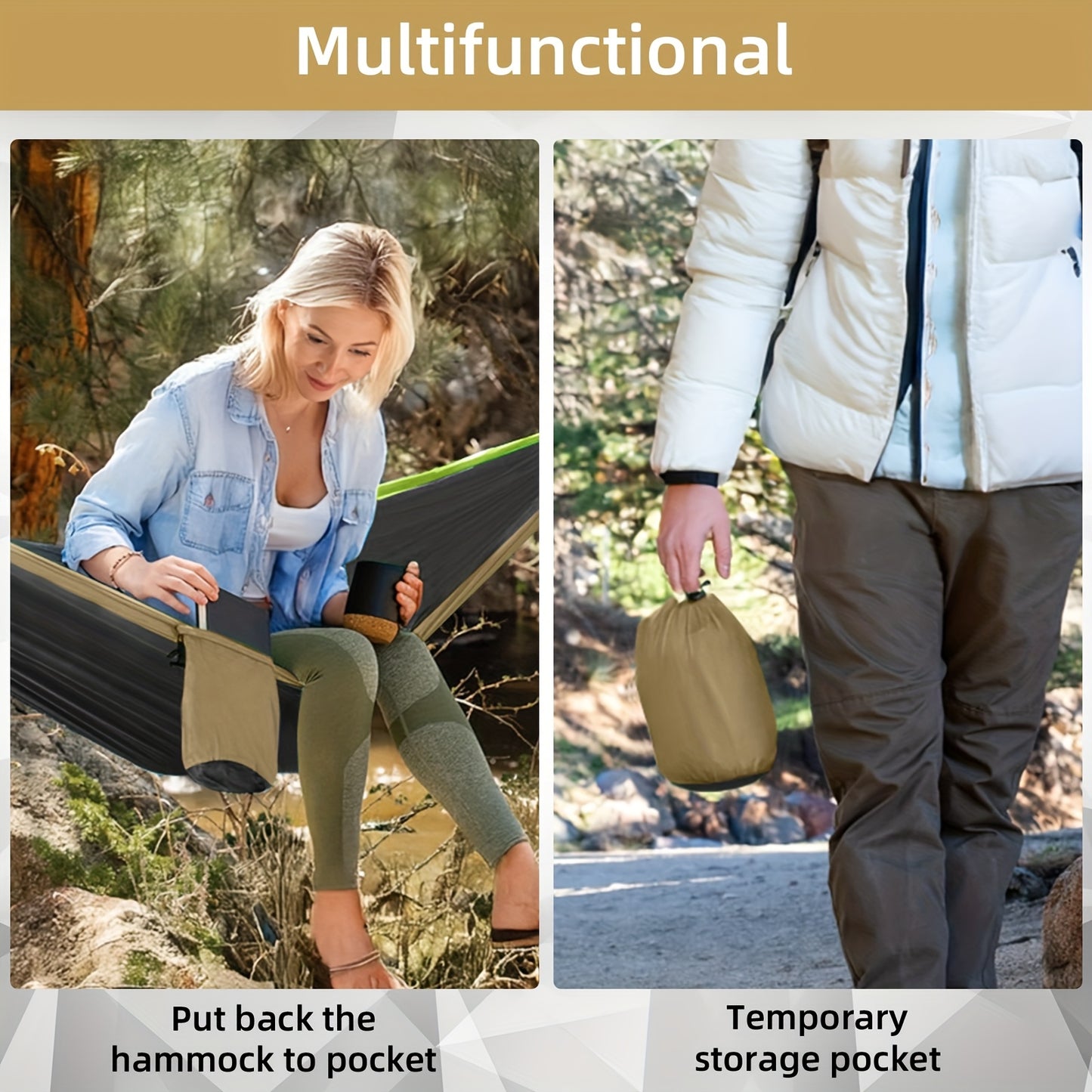 Extra-Large Double Camping Hammock, 3m x 2m (300*200cm), Includes Two 2m Tree Straps, Two D-Shaped Stainless Steel Hooks, and a Storage Bag, Each Tree Strap 8+1 Rings, Portable Hammock Made of 210T Parachute Material. Durable