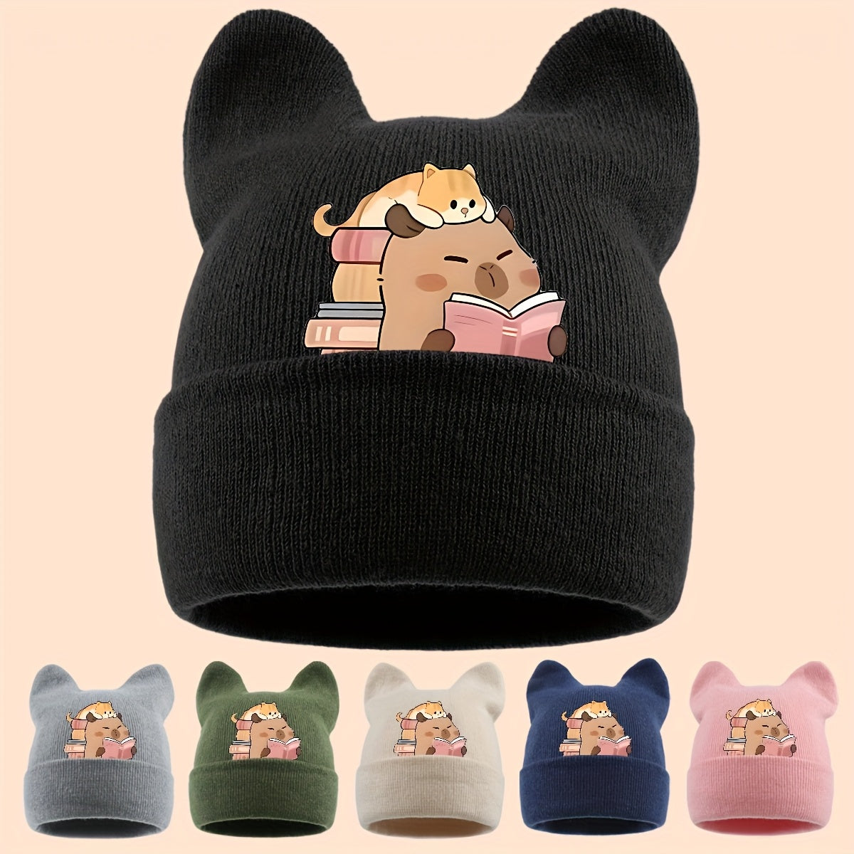 1pc Warm Soft Ear Beanie Hat with Cute Capybara Print