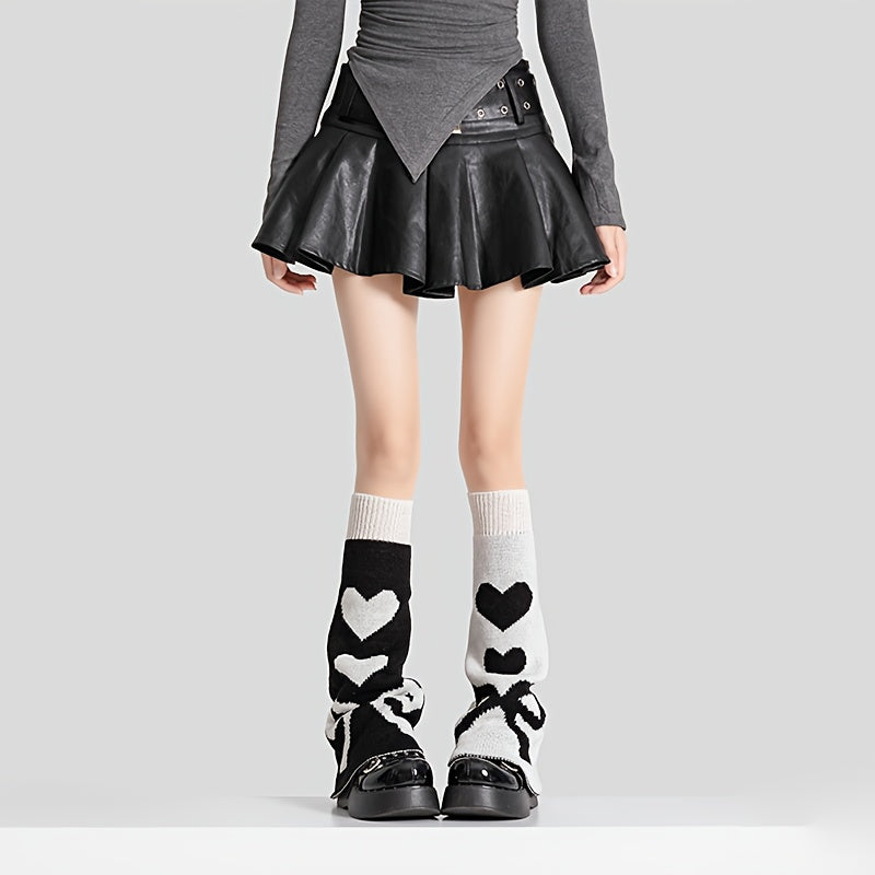 [Punk Knee Socks] Reversible Y2K Punk Gothic Knee High Socks | Lolita Style Heart Pattern, Warm Acrylic Knit Fabric, Women's Autumn Winter Knee Warmers, 90% Acrylic 10% Polyester