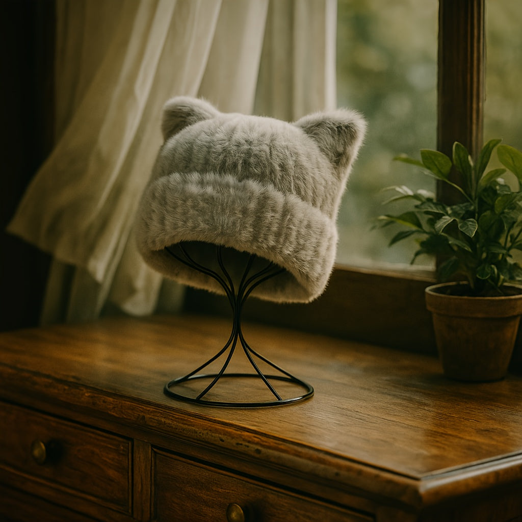 2pcs Plush Cat Ear Beanie Hat