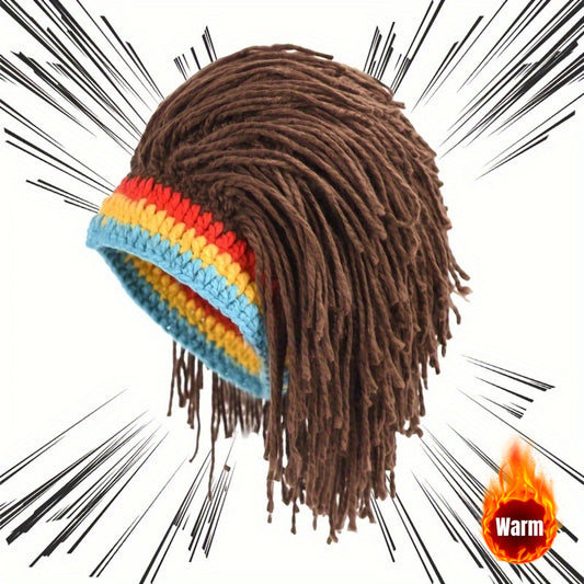 Men's Funky Knitted Beanie Hat with Attached Fake Hair -