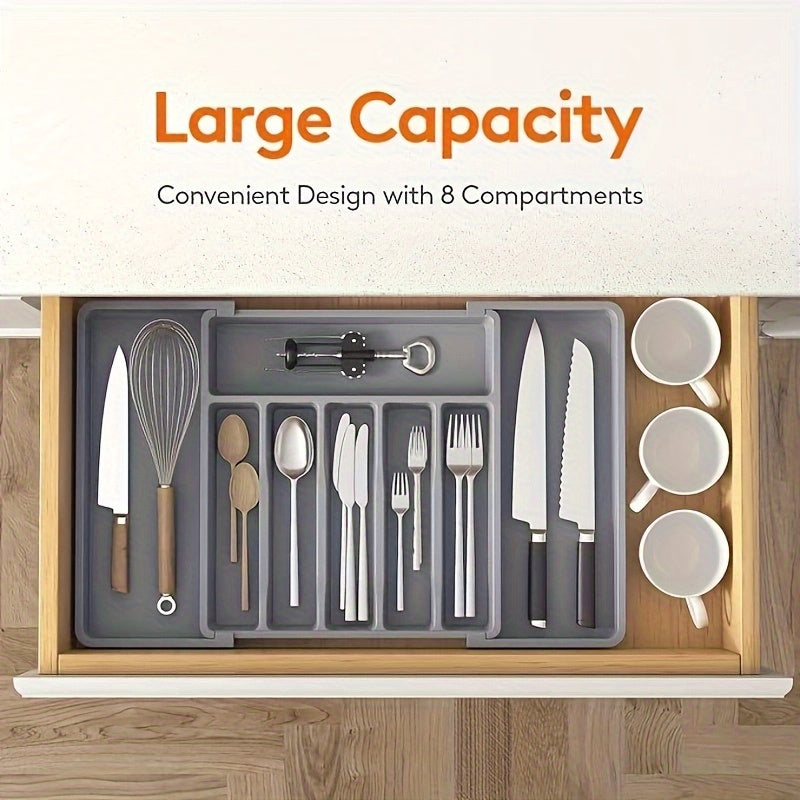 1pc Expandable Kitchen Drawer Organizer for Silverware, Adjustable Plastic Utensil Holder for Spoons, Forks, Knives - Large Capacity Storage Box, Kitchen Drawer Organizer|Sleek Black Finish|Durable Plastic Construction, Utens