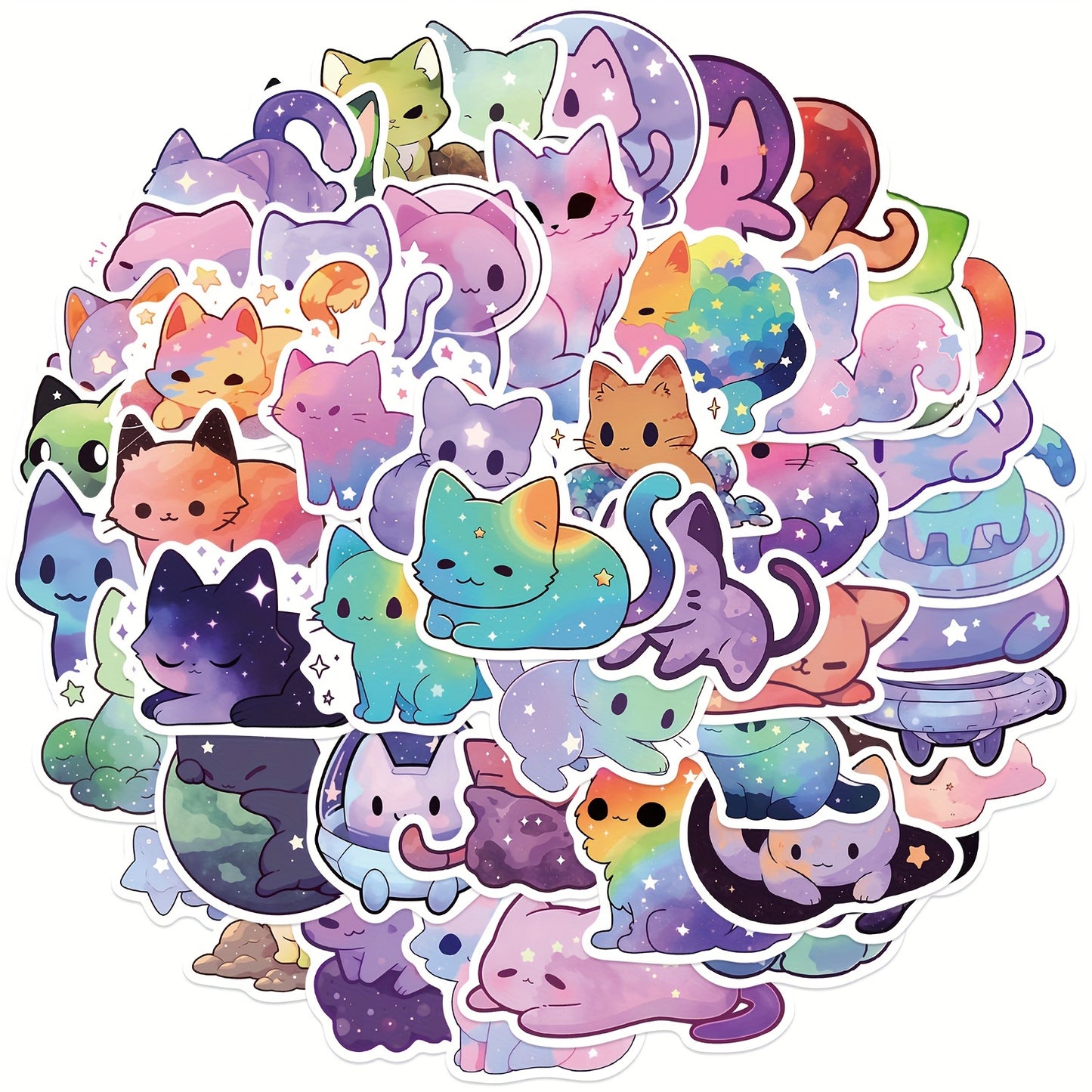 50pcs Vinyl Waterproof Colorful Starry Sky Cat Stickers for Scrapbook, Journaling, Laptop, Bumper, Skateboard, Water Bottles, Computer, Phone