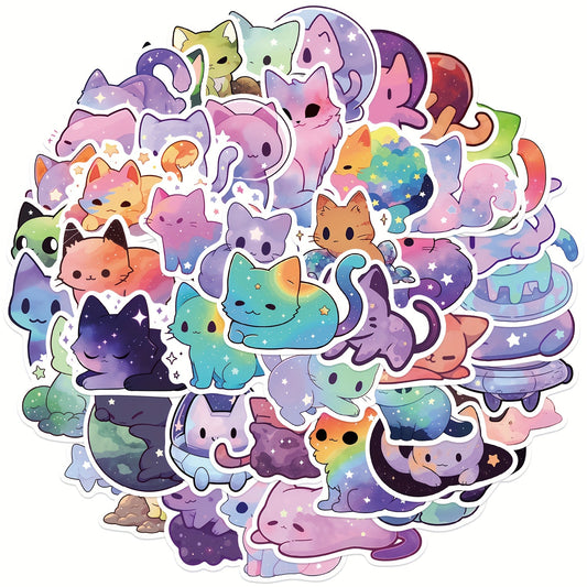 50pcs Vinyl Waterproof Colorful Starry Sky Cat Stickers for Scrapbook, Journaling, Laptop, Bumper, Skateboard, Water Bottles, Computer, Phone