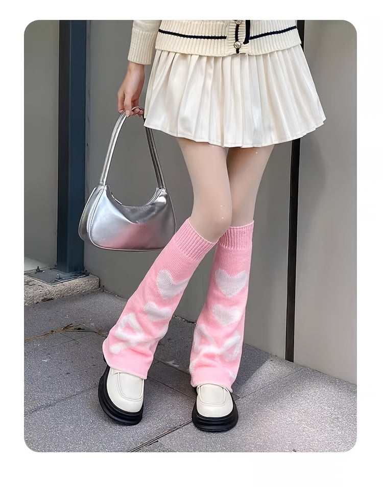 [Punk Knee Socks] Reversible Y2K Punk Gothic Knee High Socks | Lolita Style Heart Pattern, Warm Acrylic Knit Fabric, Women's Autumn Winter Knee Warmers, 90% Acrylic 10% Polyester