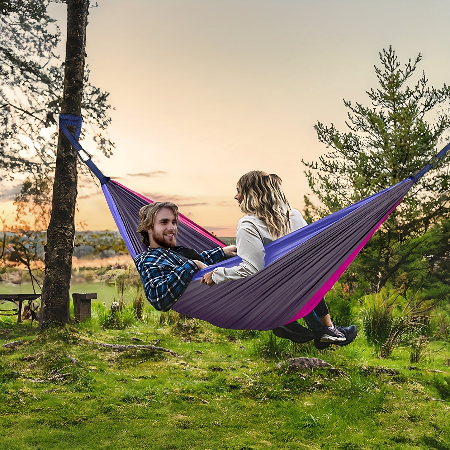 Extra-Large Double Camping Hammock, 3m x 2m (300*200cm), Includes Two 2m Tree Straps, Two D-Shaped Stainless Steel Hooks, and a Storage Bag, Each Tree Strap 8+1 Rings, Portable Hammock Made of 210T Parachute Material. Durable