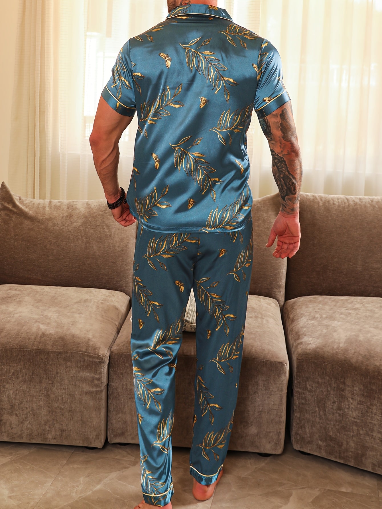 Casual Pajama Set 2pcs Men's Casual Plant Pattern Pajama Set  Short Sleeve.