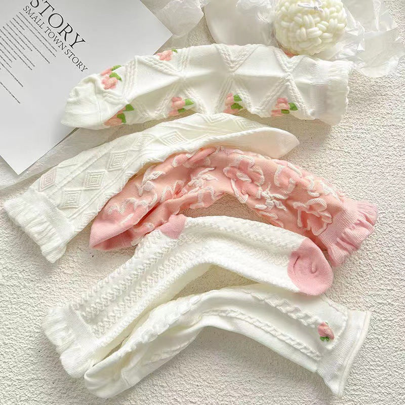 5 Pairs Kawaii Japanese Fashion Socks, Cute Flower Geometric 3D Textured Socks, Women's Stockings & Hosiery