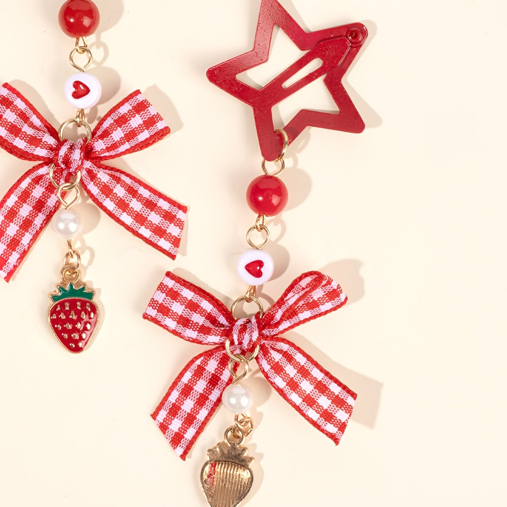 2pcs Kawaii Star Shaped Snap Hair Clips | Polyester Material, Long Tails, Tartan Bow, Cute Strawberry Decor, Fruit Themed Hair Bow Accessories for Teens, Casual Daily Wear, Novelty Hair Accessories, Playfu