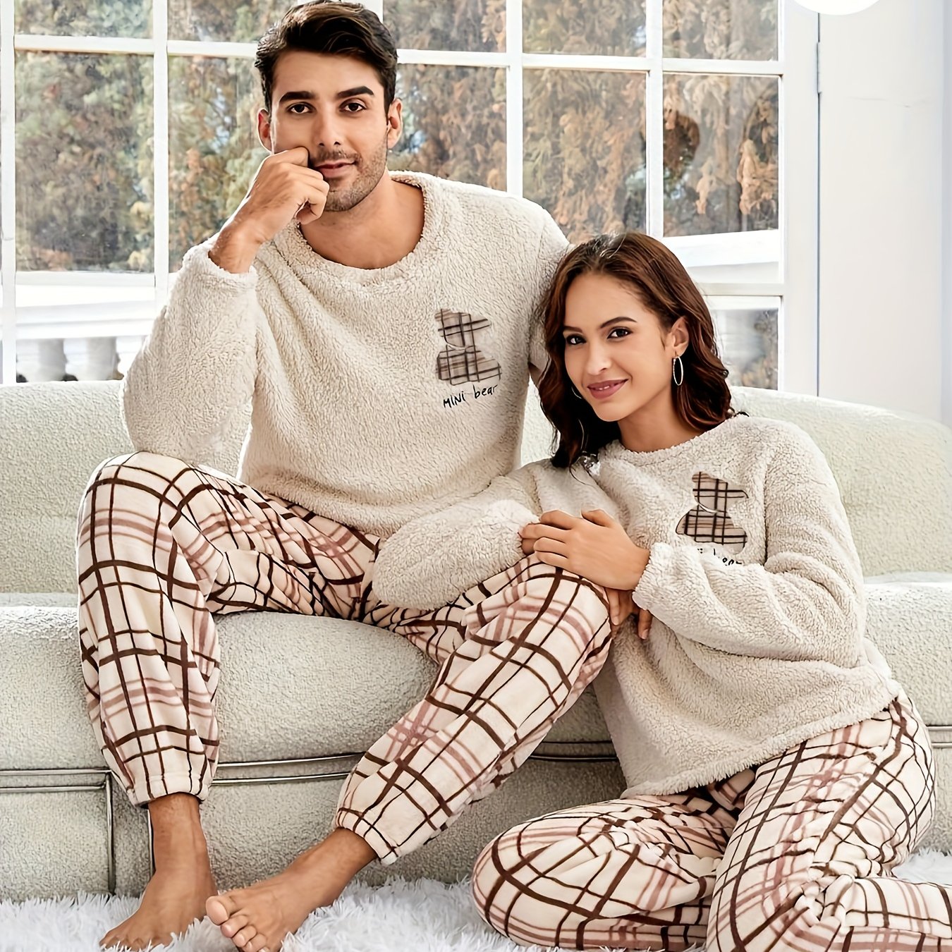 Checkered Pattern Couple Style Autumn Winter Plush Set, Long Sleeve and Pants for Men or Women.