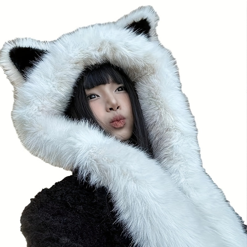 A Soft Polyester Faux Fur Cat Ear Hat with an Integrated Scarf