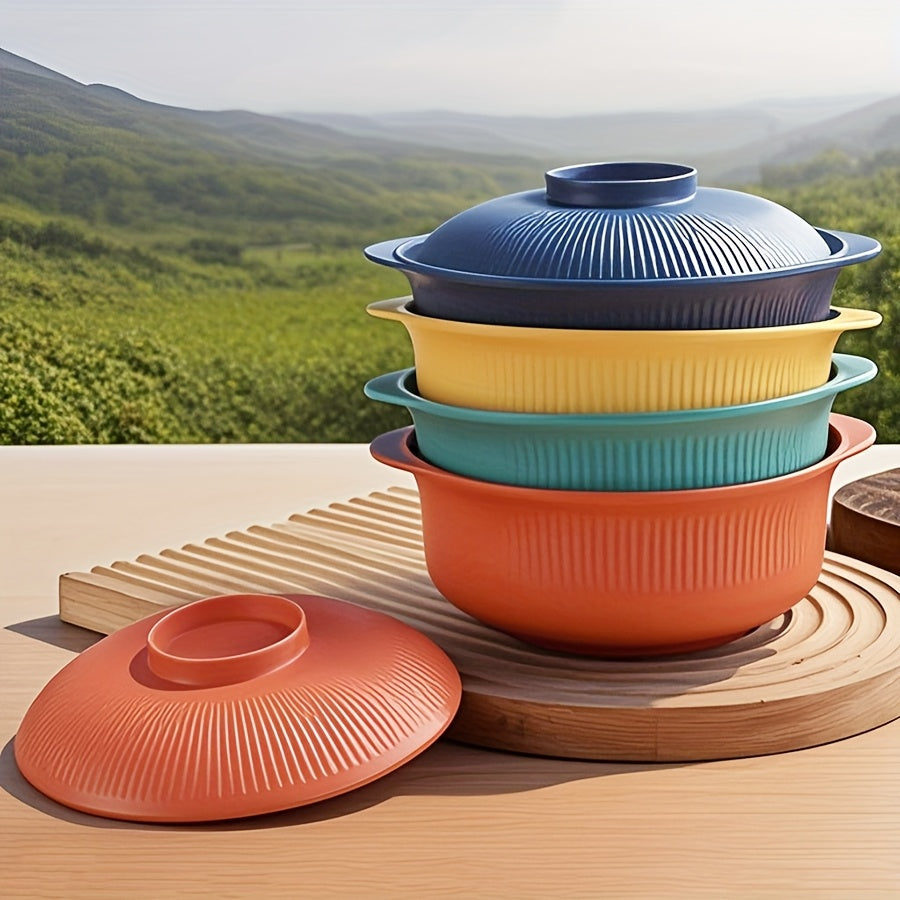 [Large Capacity] 4pcs Set of Large Capacity Casserole Bowls with Lids and Long Soup Spoons | 1100ml/38oz | Portable Large Soup Bowls, Japanese & Korean Ramen Bowls, Couple's Rice Bowls, Dinner Bowls, Romantic Bowls for Family