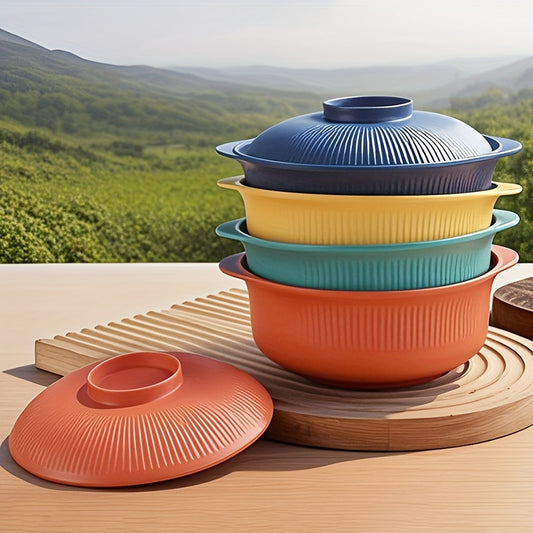 [Large Capacity] 4pcs Set of Large Capacity Casserole Bowls with Lids and Long Soup Spoons | 1100ml/38oz | Portable Large Soup Bowls, Japanese & Korean Ramen Bowls, Couple's Rice Bowls, Dinner Bowls, Romantic Bowls for Family