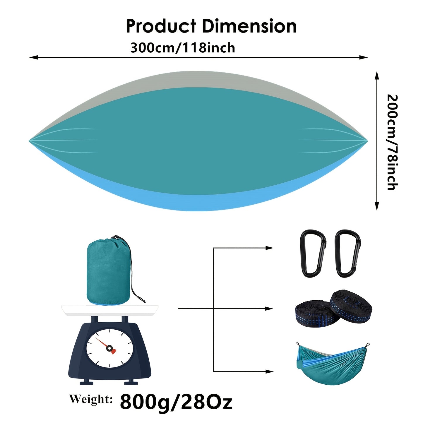 Extra-Large Double Camping Hammock, 3m x 2m (300*200cm), Includes Two 2m Tree Straps, Two D-Shaped Stainless Steel Hooks, and a Storage Bag, Each Tree Strap 8+1 Rings, Portable Hammock Made of 210T Parachute Material. Durable