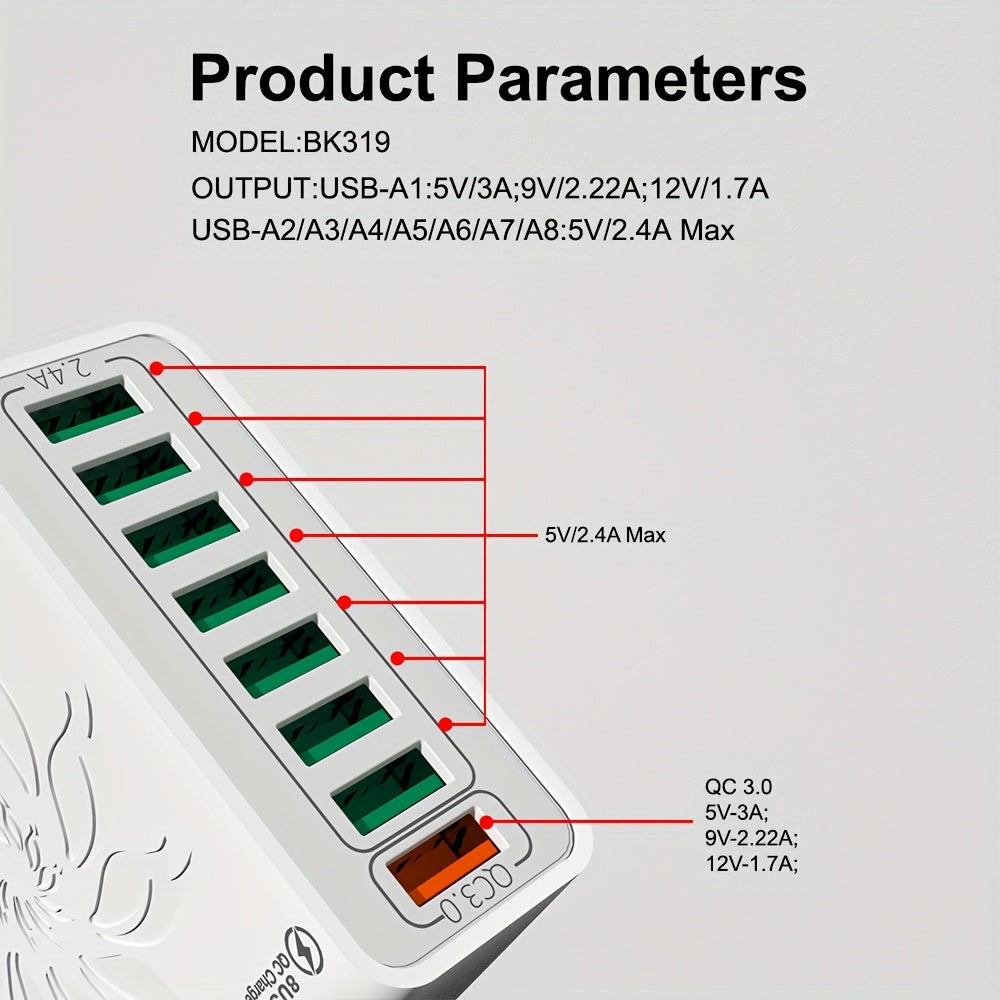 8-Port QC3.0 Fast USB Charger UK Plug