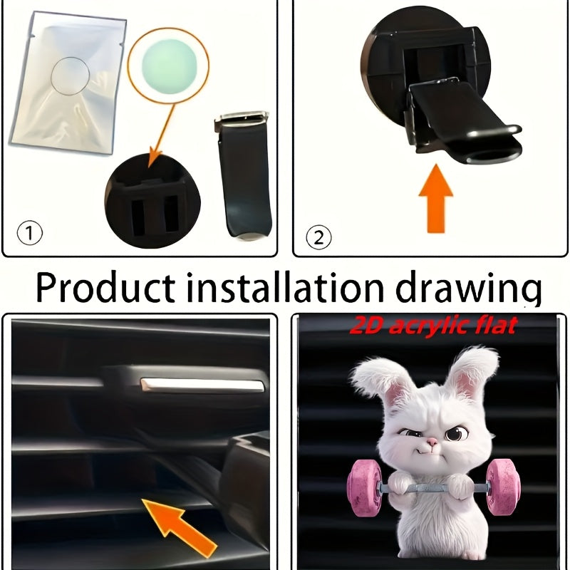 2D Flat] Weightlifting Rabbit Pattern Car Air Vent Clip Decoration, Scented Car Interior, Acrylic Luxury Cartoon Decoration Gift, Fashionable Car Interior Accessories, Clip-on Air Freshener, Scent Dispersion, Long-lasting Sce