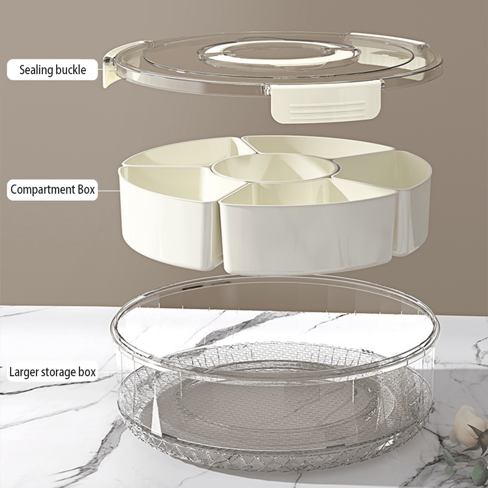 Rotating Snack Containers, High Capacity Divided Fruit Veggie Tray with 6 Compartments,