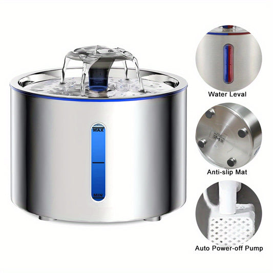84oz/2.5L Stainless Steel Automatic Cat Water Fountain Auto Power-off Fountain with LED Light Non-slip Mat Dog Water Dispenser