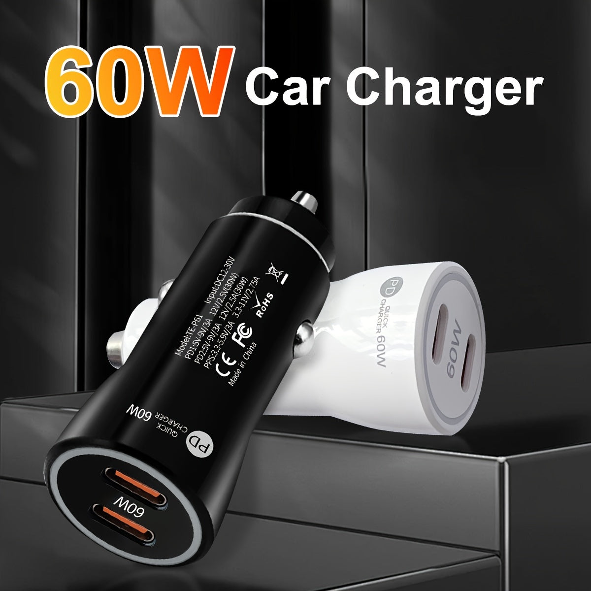 60W USB C Car Charger, USB-C Adapter Fast Charging Dual Port PD3.0 Type C Power Plug Compatible with iPhone16 15 14 13 12 11 Pro Max XR Samsung S23/22/21 Google Pixel 7 (Black/White)