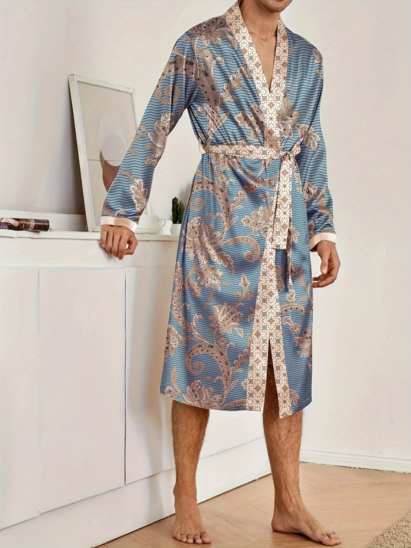 Men's Sleep Robe, Elegant And Light Luxury Pajamas Set, Stylish Gorgeous Floral Print, V-neck Long Sleeve .