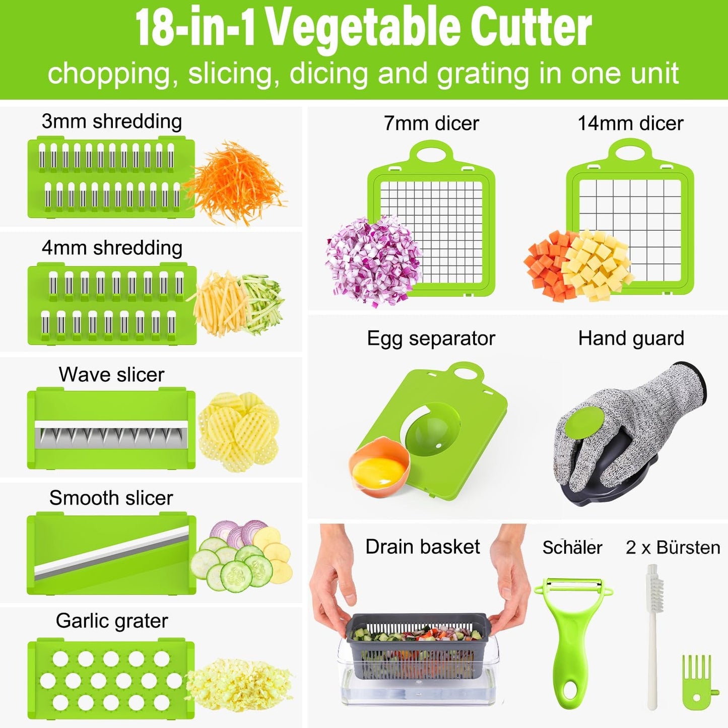 1pc 15 in 1 Vegetable Chopper, Salad Chopper, Vegetable Slicer Multifunctional, Veg Chopper with 7 chopping vegetables, Mitten and Peeler, Vegetable Cutter for Vegetables and Fruit