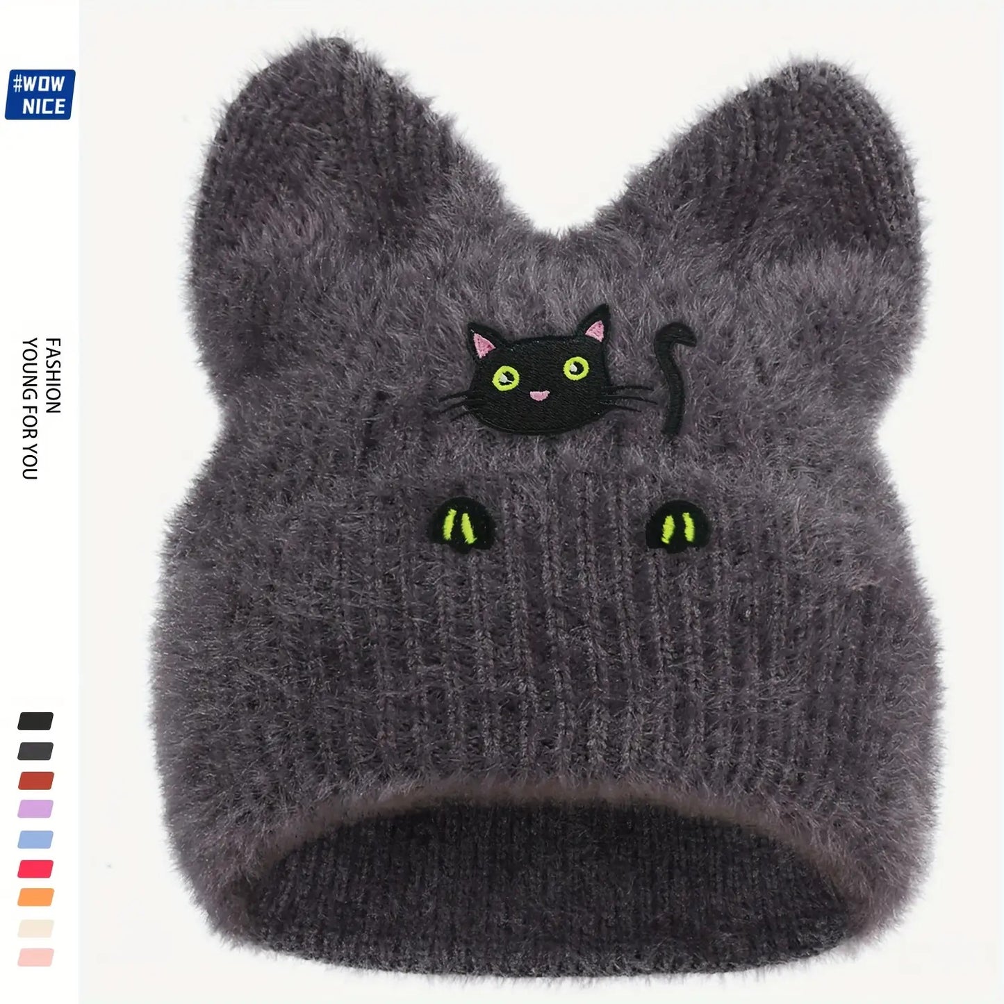 Women's & Men's Black Cat Ear Beanie Hat with Hand