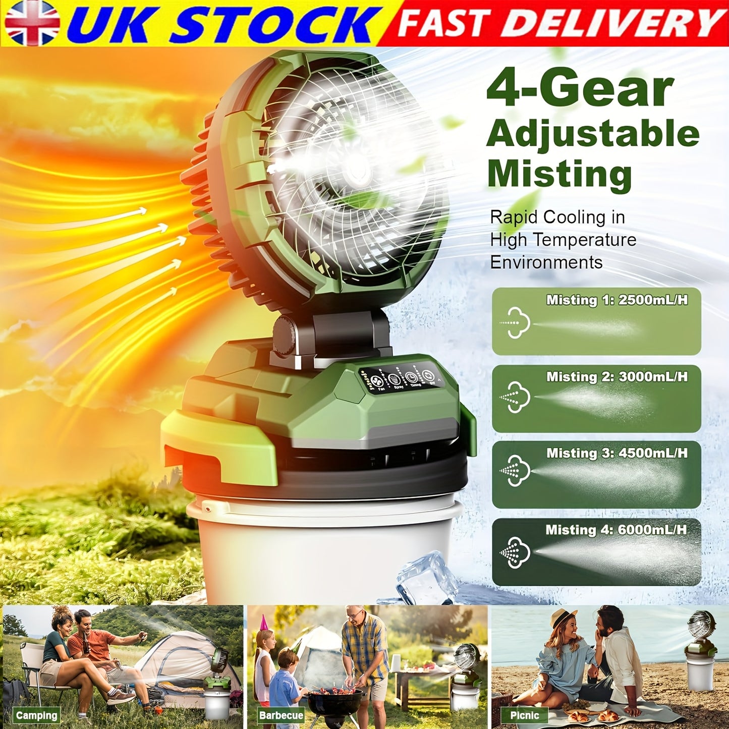 Rechargeable Misting Fan – Tent, Camping, Outdoor Cooling