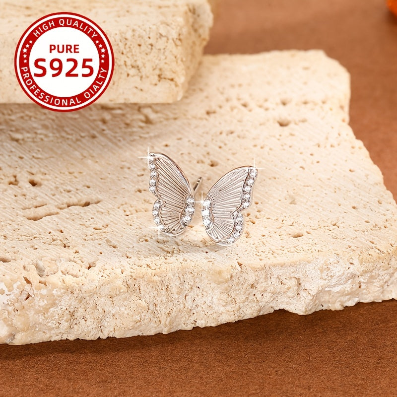 1 Pair Elegant Butterfly Wing Stud Earrings, 925 Sterling Silver, Synthetic Zirconia, Coquette Style, Animal Theme, Lightweight 2.17G, Perfect for Daily Wear, Parties, And Gifting