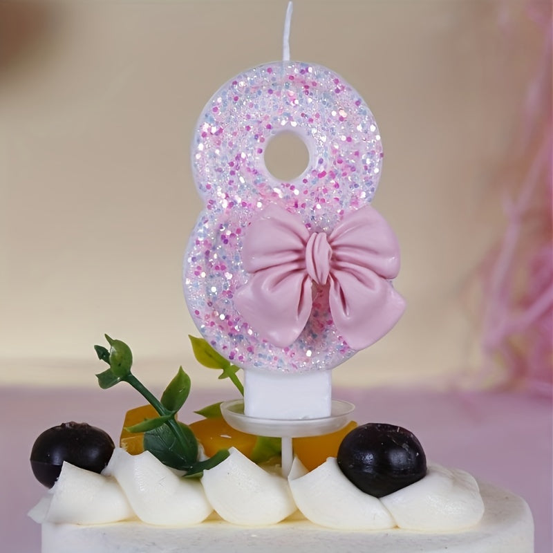 1pc, Pink Bow Number 0-9 Birthday Candle, Girl Powder Bow Birthday Cake Decoration, Baking Shop Supplies