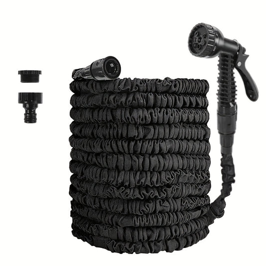 3X Telescopic Heavy-Duty Rubber Garden Hose with High-Pressure Water Gun - 3/4 Inch All-Season Outdoor Hose for Car Wash, Lawn Care & Yard Work, Includes European Thread Adapter