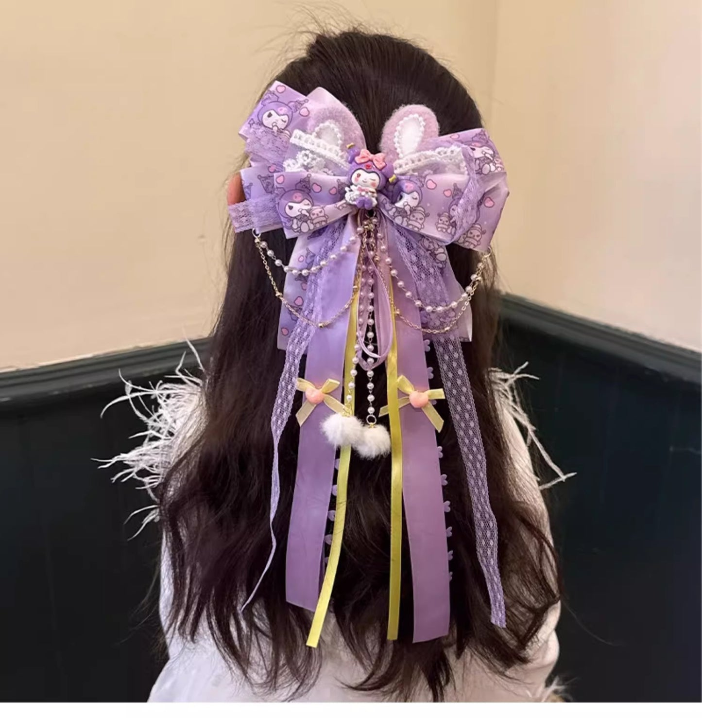 Sanrio Pink Bow Hair Clip with Long Ribbons, My Melody Princess Hair Accessory